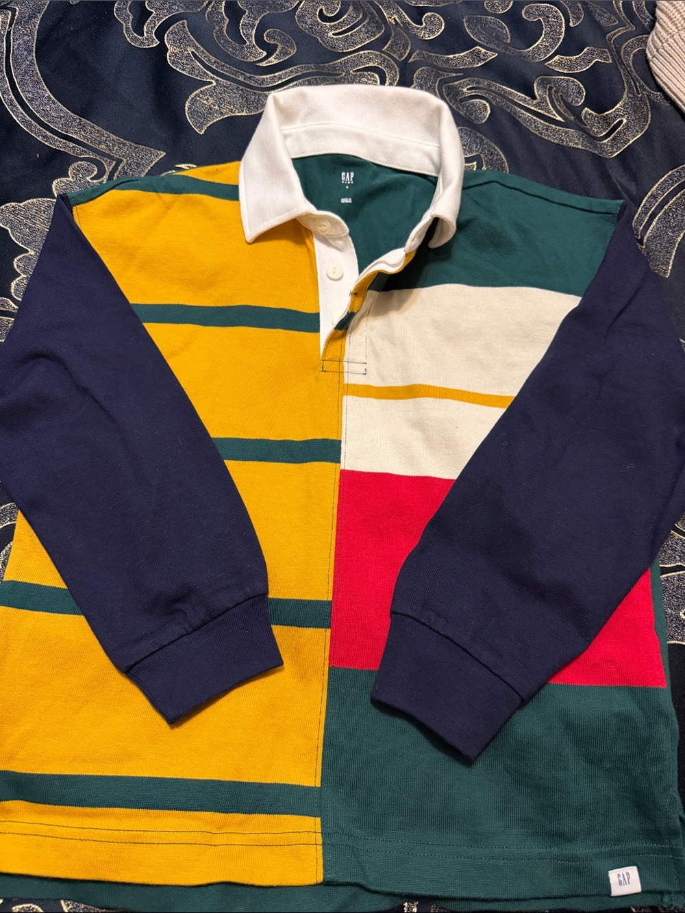 GAP Men's Colorblock Striped Rugby Shirt - Navy, Green, Yellow, Red, Cream